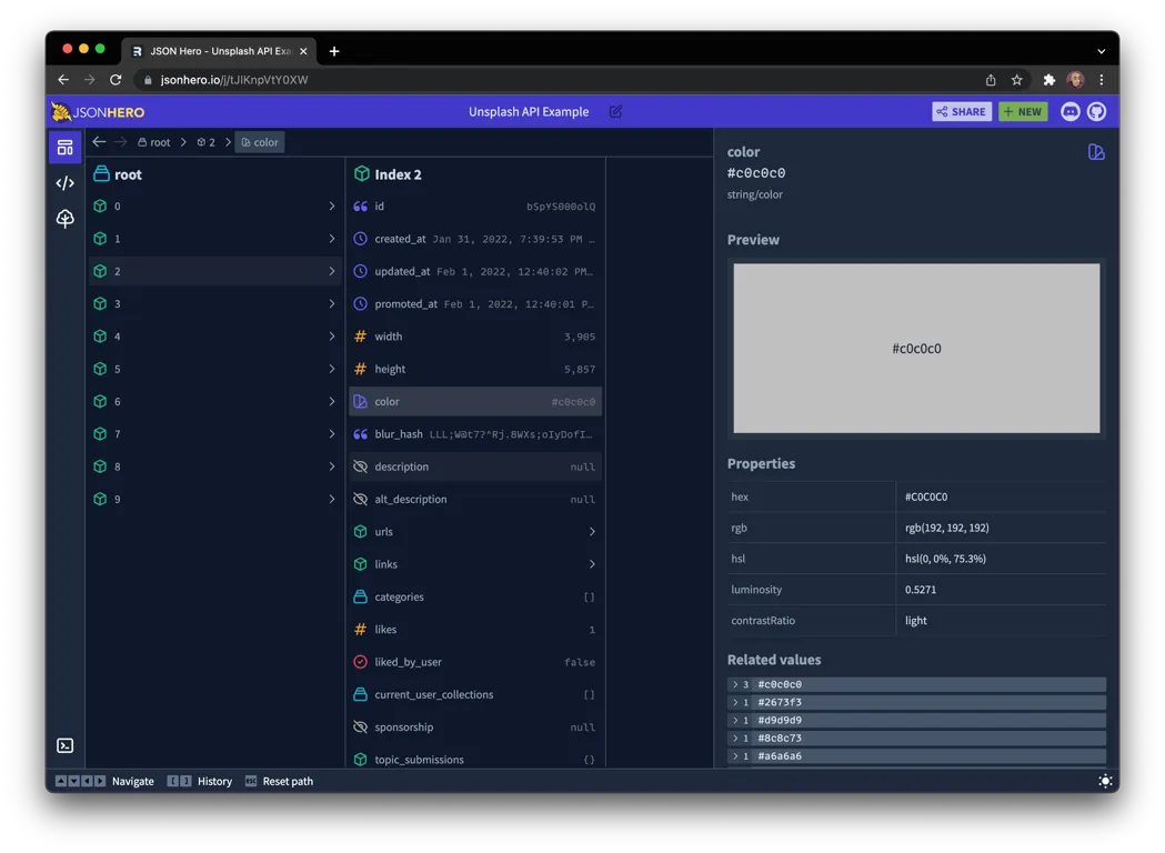 JSON Hero工具界面展示Unsplash API数据