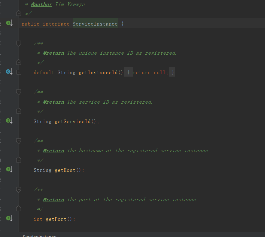 ServiceInstance接口，定义了获取服务实例ID、主机名、端口等信息的方法