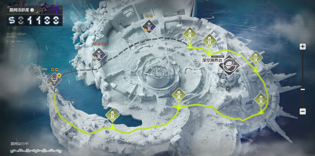 游戏地图界面，显示“路网活跃度”与深空测界台