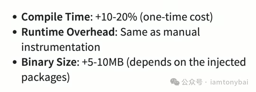 编译时插桩的性能影响:编译时间增加10-20%,运行时开销与手动一致,二进制大小增加5-10MB