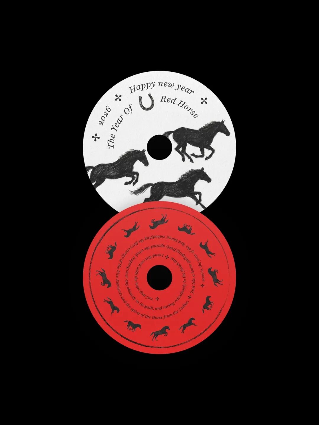 CD封面设计：黑白风格，三匹奔跑马剪影环绕“Happy new year”“The Year Of Red Horse”“2026”