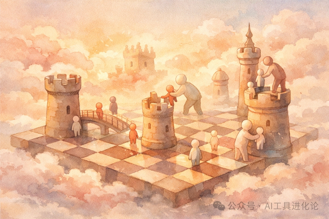 象征AI大厂人才争夺的幻想棋盘插画