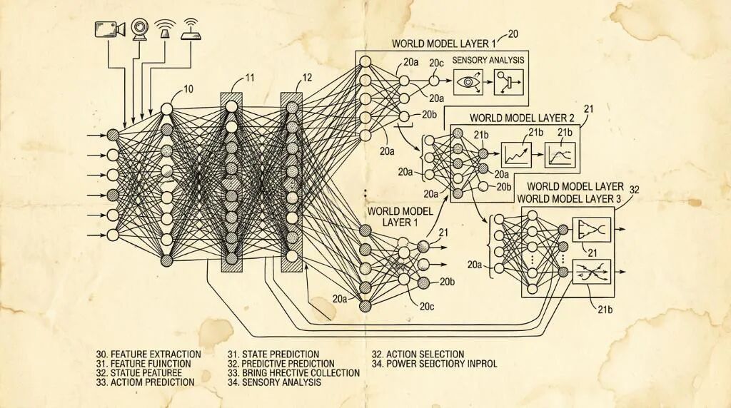 一张仿旧纸张风格的神经网络与世界模型层级架构示意图