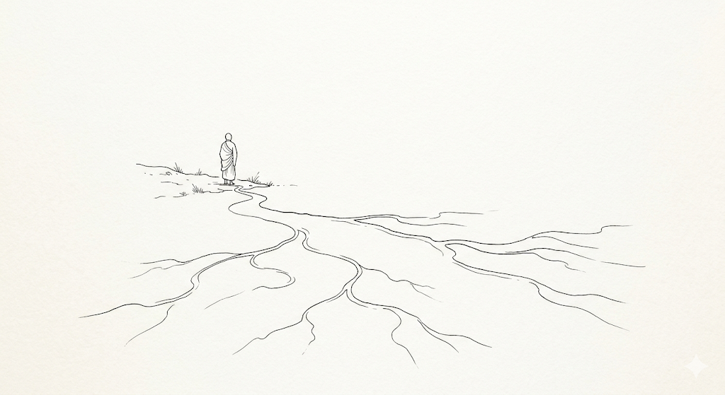 一位哲人站在山丘上，凝视着脚下分岔的路径