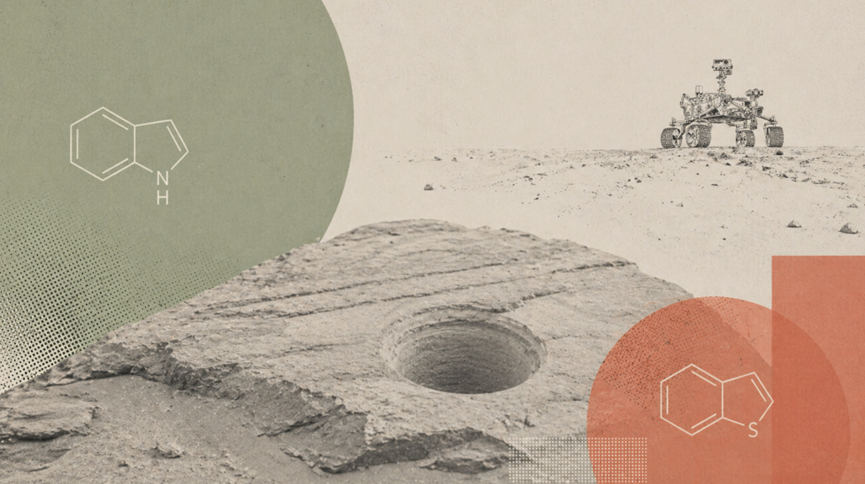 火星钻探岩石与有机分子化学结构艺术拼贴