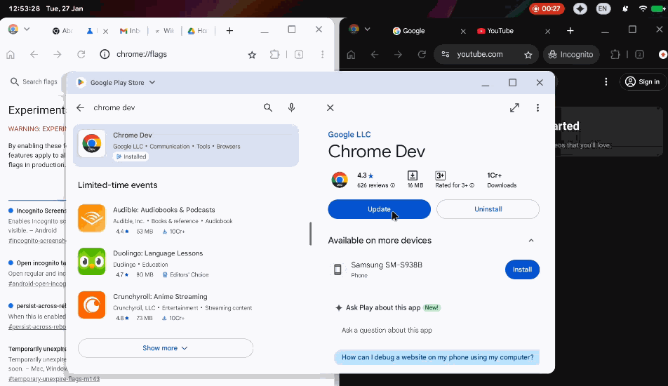 Chrome Dev应用在Google Play商店中的更新过程截图