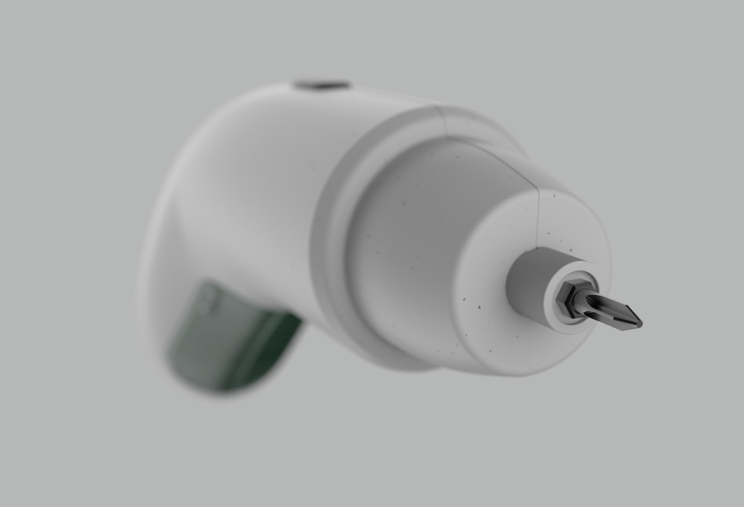 一个白色电动螺丝刀的特写，背景为浅灰色