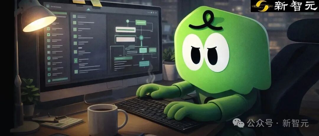 一个绿色卡通角色坐在电脑前打字，电脑屏幕上显示着代码和流程图，桌上有一杯咖啡、台灯和植物，背景是夜晚的城市景观。