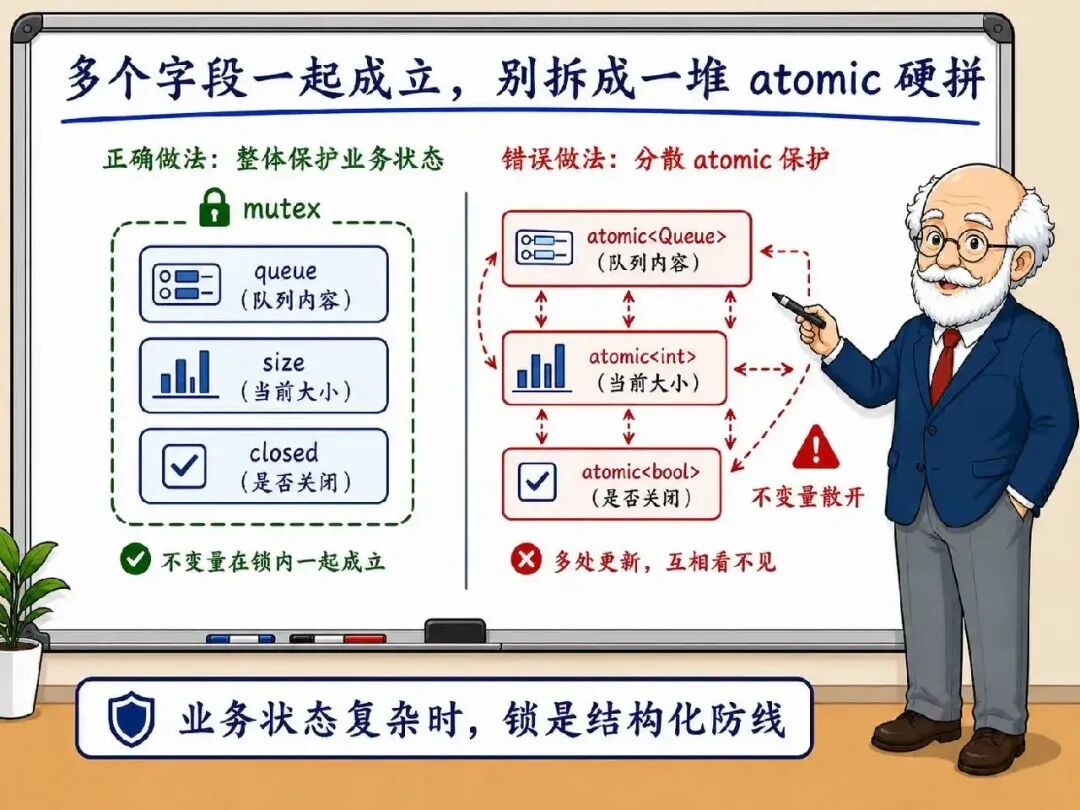 多变量不变量优先使用 mutex 整体保护业务状态