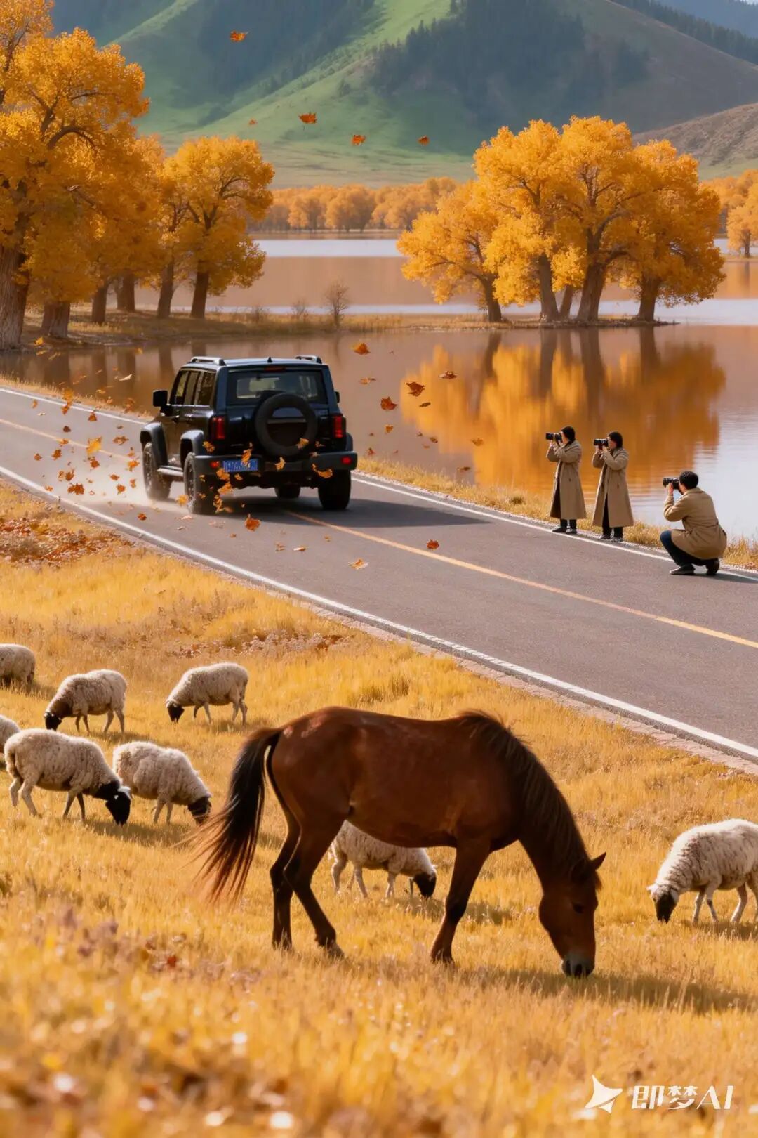 即梦生成的秋日湖畔，落叶与车辆