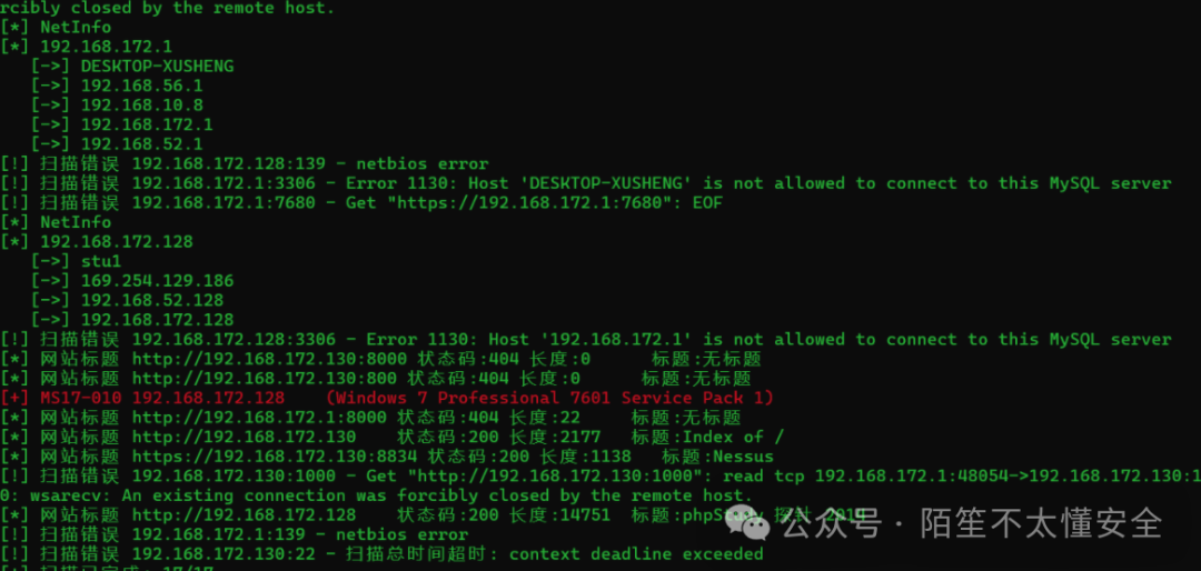 Fscan详细扫描日志：含MySQL拒绝连接、HTTP状态码404/200、Nessus标题、phpStudy探针等