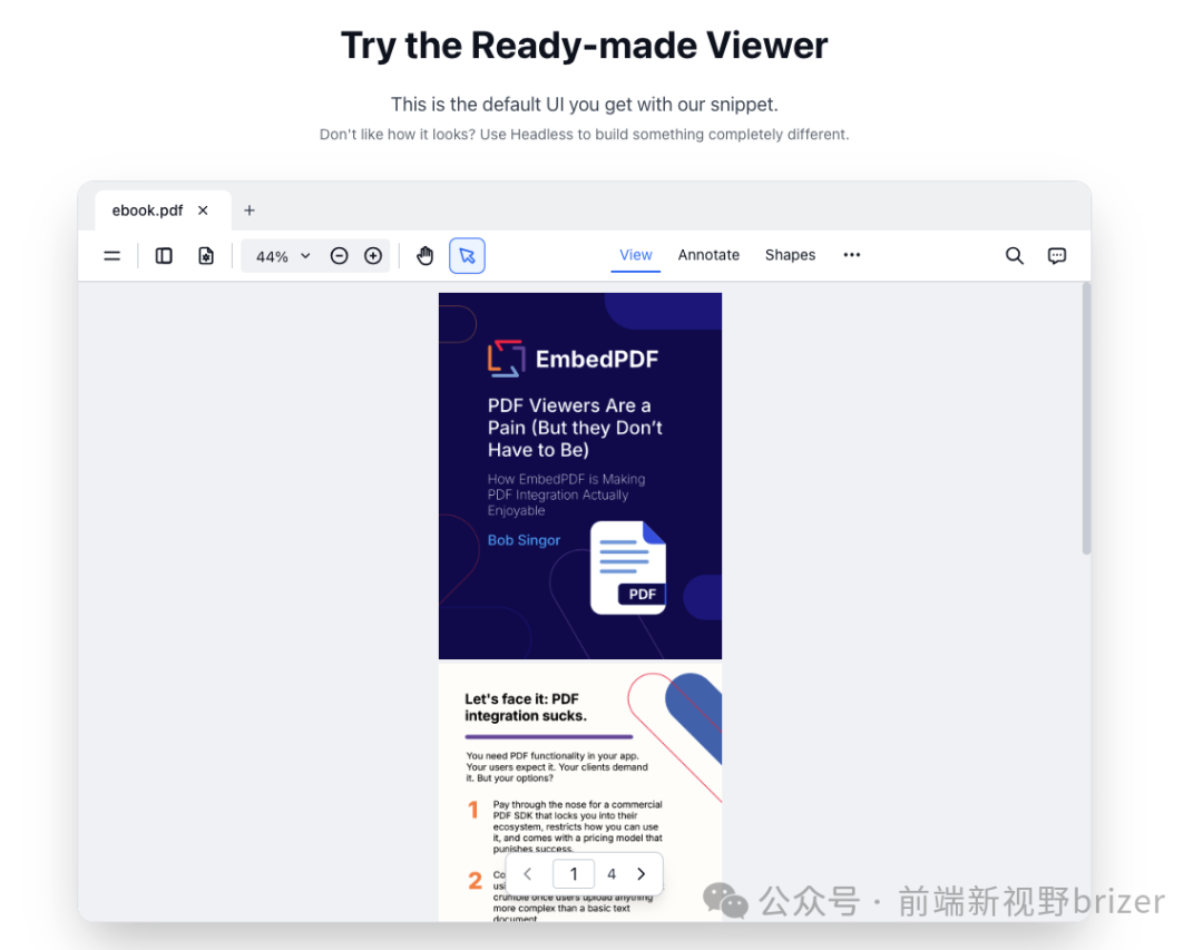 EmbedPDF 默认 UI 预览效果，展示了基本的阅读、缩放、标注等功能