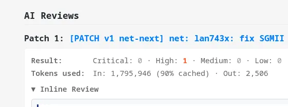 Sashiko AI代码审查结果界面