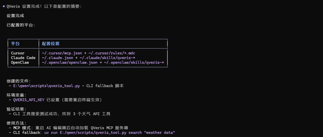 QVeris在AI编程环境中配置完成的摘要信息