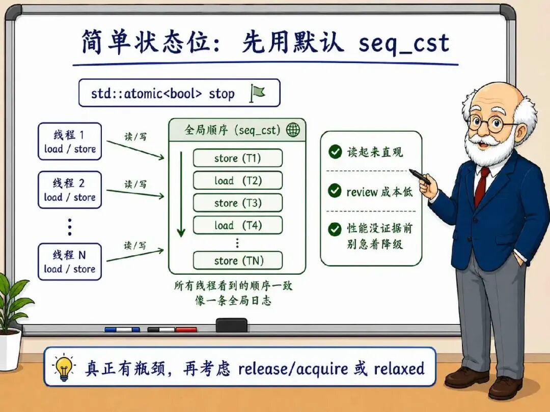 简单状态位保留默认 seq_cst:std::atomic<bool> 全局顺序