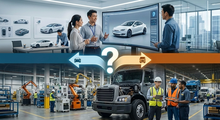 合成图：上半部分为办公室讨论汽车设计，下半部分为工厂制造卡车