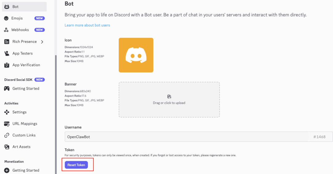Bot设置页面，显示Reset Token按钮