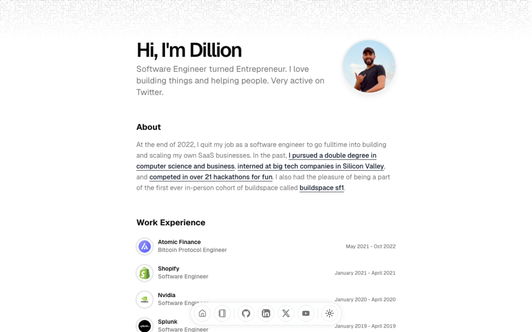 Dillion Verma 个人网站截图，展示其教育与工作经历