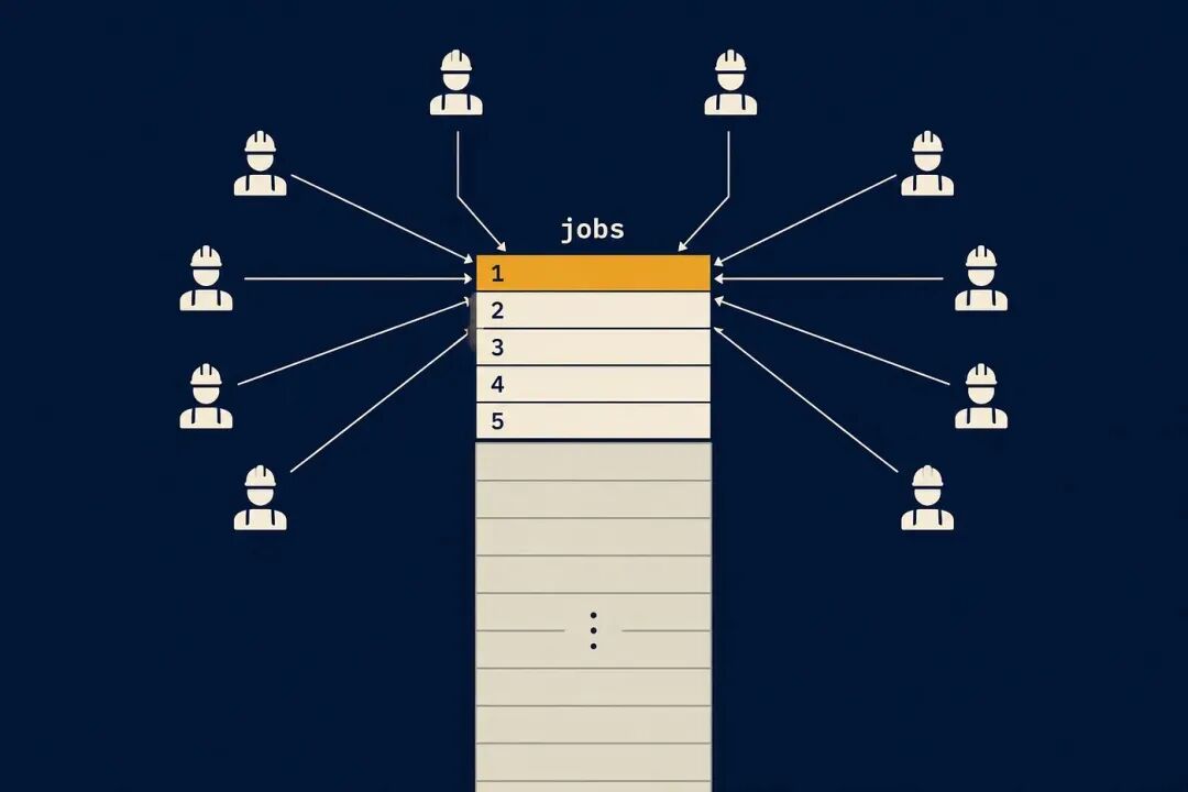 数据库任务表中多个worker争抢jobs行示意