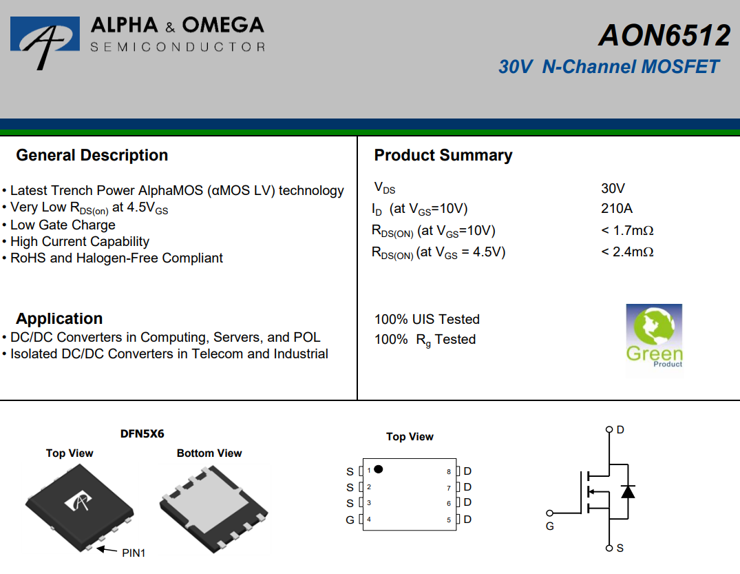 AON6512规格书截图,显示30V N-Channel MOSFET参数