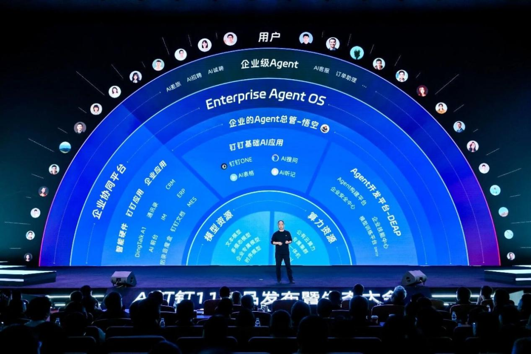 钉钉AI战略发布会现场及AgentOS架构图