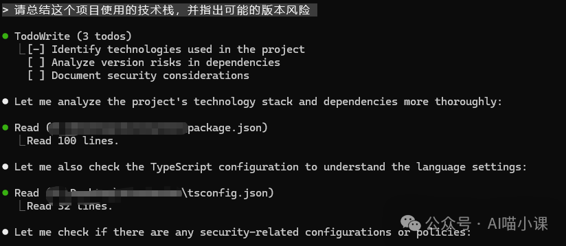 终端显示Qoder CLI分析项目技术栈与依赖风险的任务列表