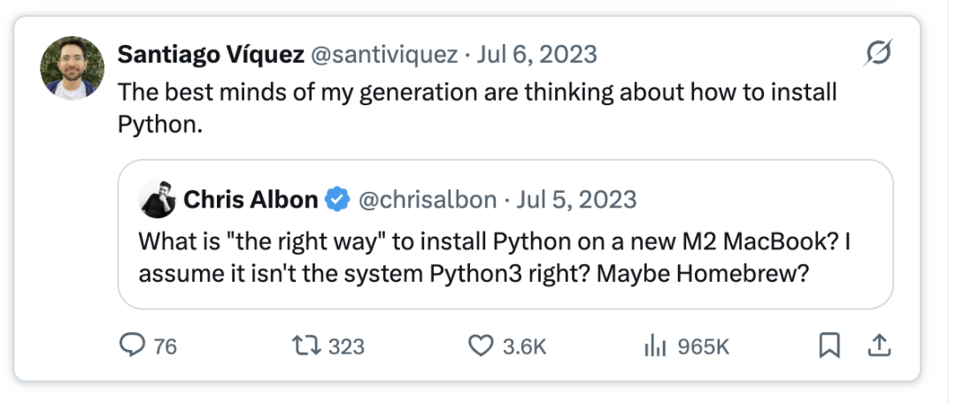 X(原 Twitter)上关于在不同系统上安装 Python 的对话截图