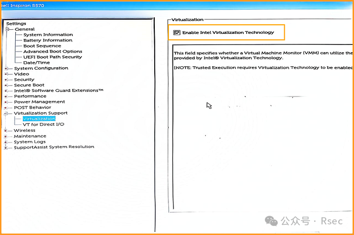 戴尔笔记本电脑的BIOS设置界面，显示虚拟化选项