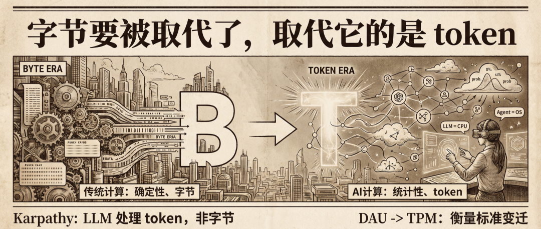 从字节时代到token时代的范式转移概念插画