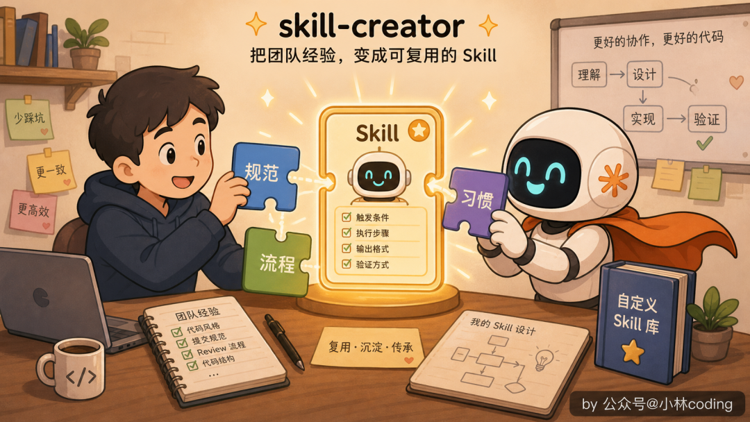 skill-creator Skill 插画：将代码规范流程习惯组装进可复用的Skill卡片中