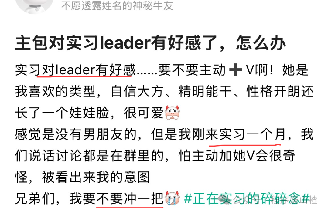 社交媒体上关于实习期对Leader产生好感的求助帖截图