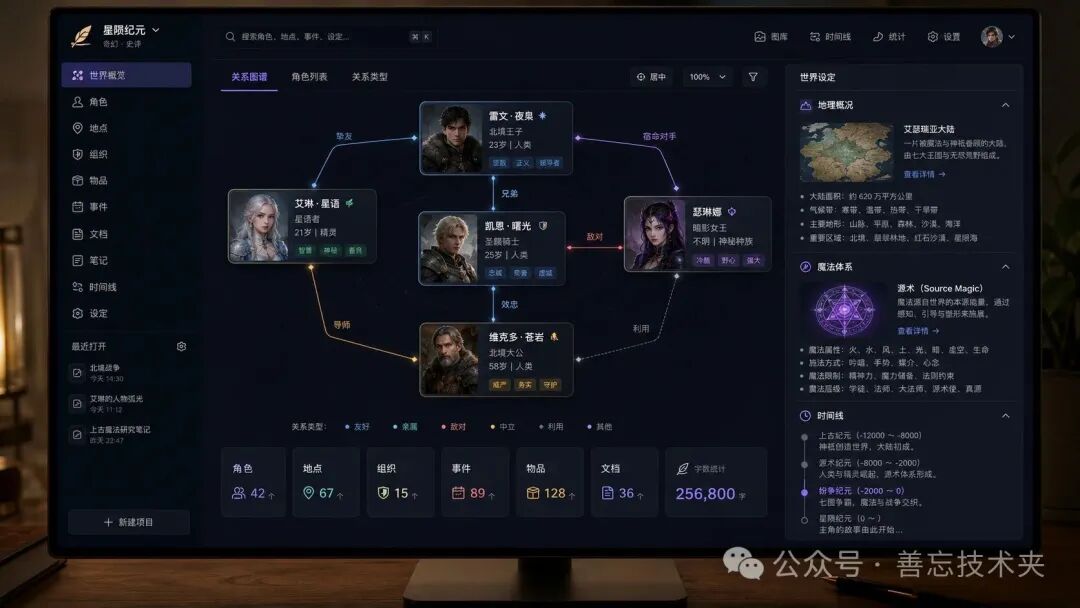 小说项目管理界面,展示角色关系图谱与世界设定面板,包含大陆概况、魔法体系及时间线信息