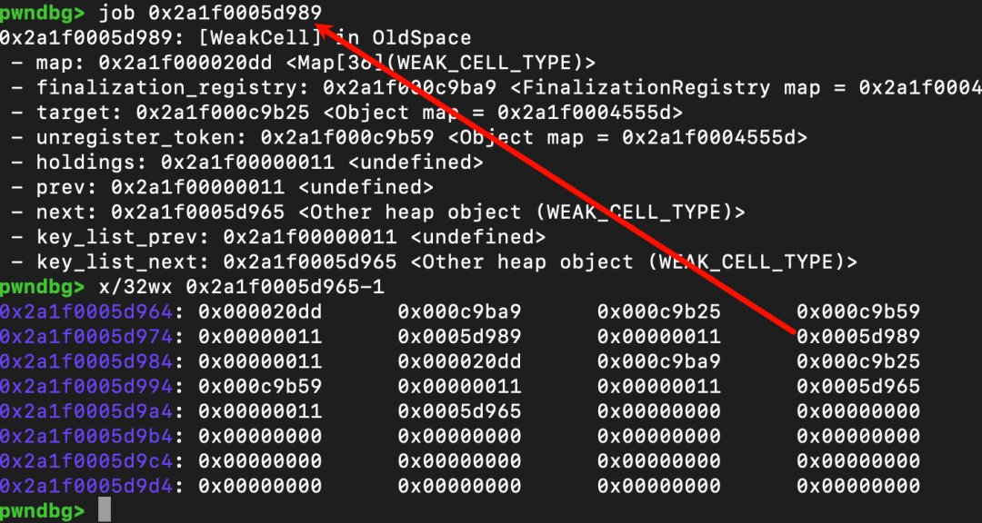 WeakCell prev/next 指针写入验证