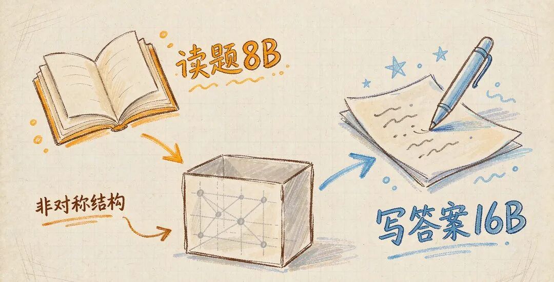 非对称结构示意图:读题 8B 参数与写答案 16B 参数的推理流程