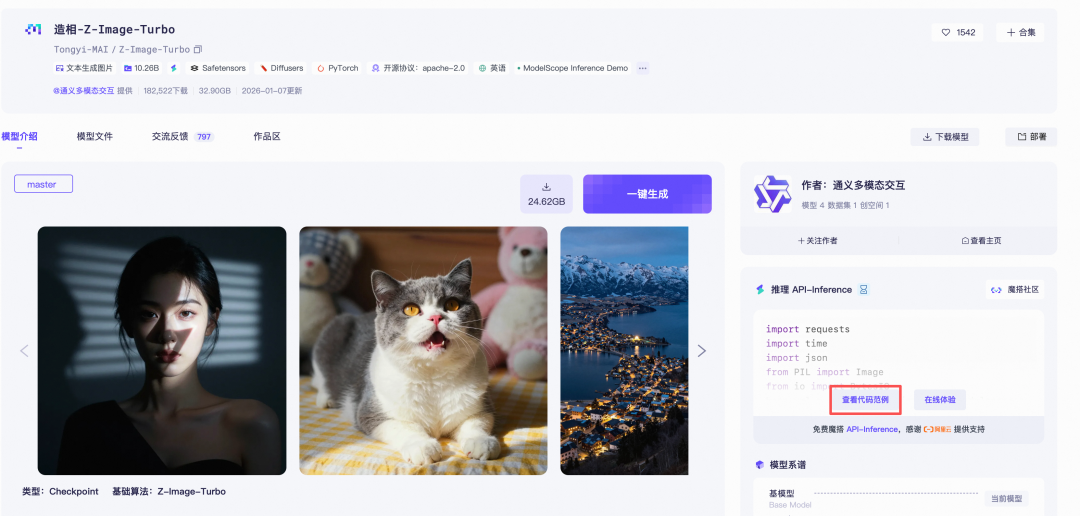 Z-Image-Turbo模型主页的API代码范例区域