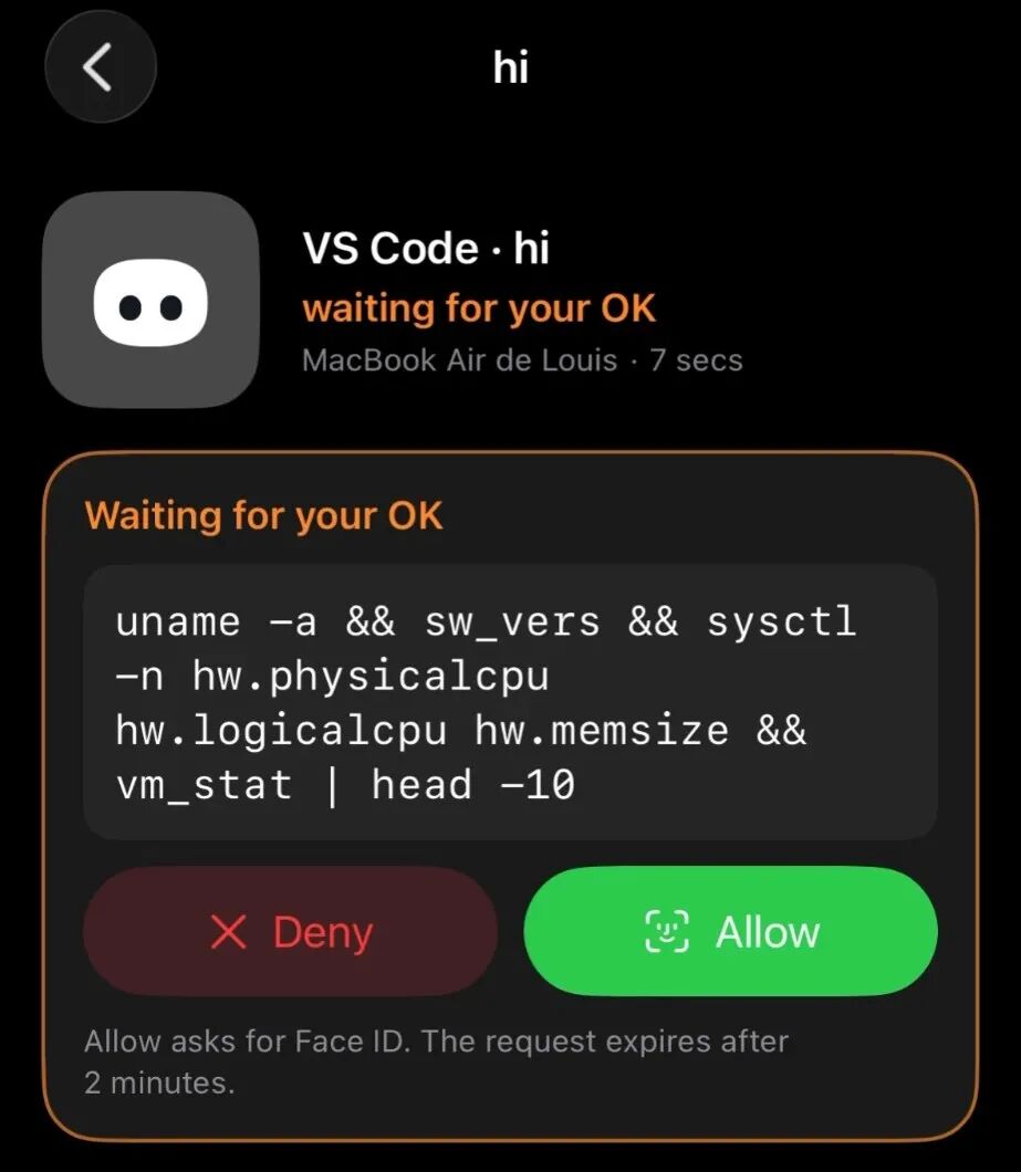 iPhone 端 VS Code 权限请求与 Face ID 审批