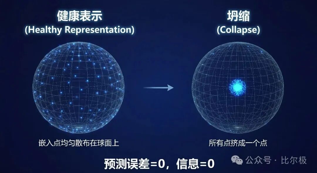 健康表示与坍缩的对比示意图:嵌入点均匀散布与全部坍缩为一个点