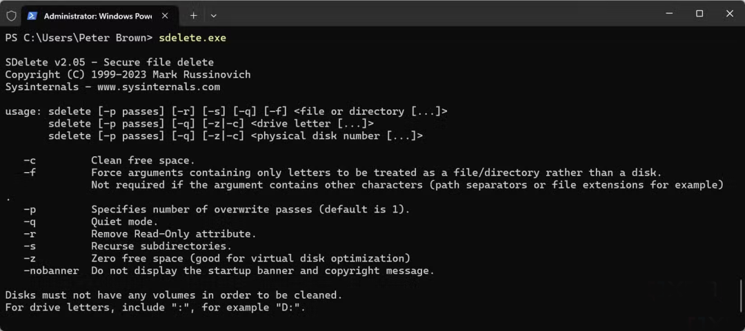 SDelete v2.05 命令行帮助信息