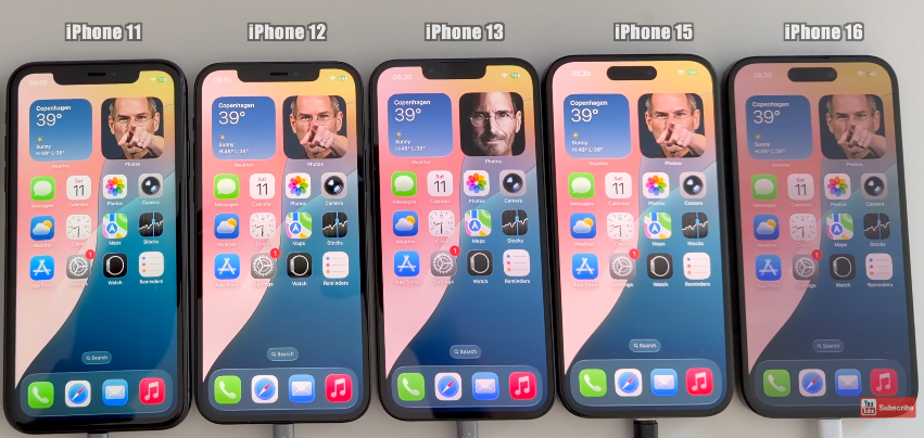 五款iPhone并排展示用于续航测试