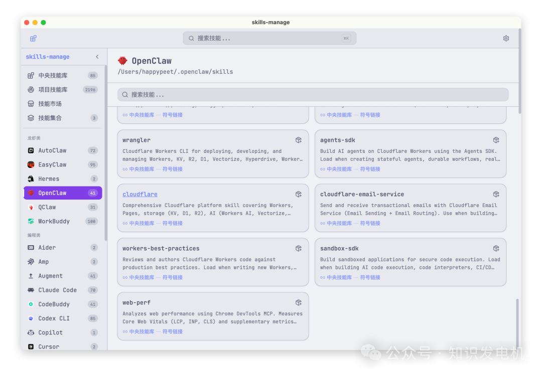 OpenClaw项目下的技能管理页面，展示多个技能卡片及符号链接标签