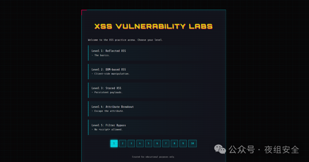 XSS漏洞练习场关卡选择界面