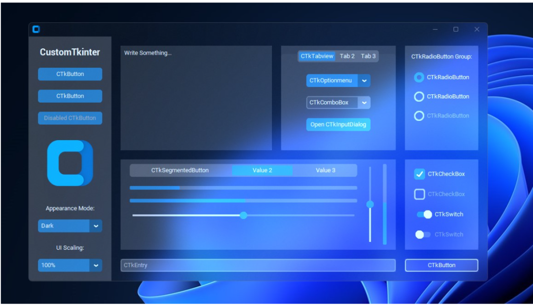 CustomTkinter界面演示，展示多种现代化控件如按钮、标签页、下拉框等
