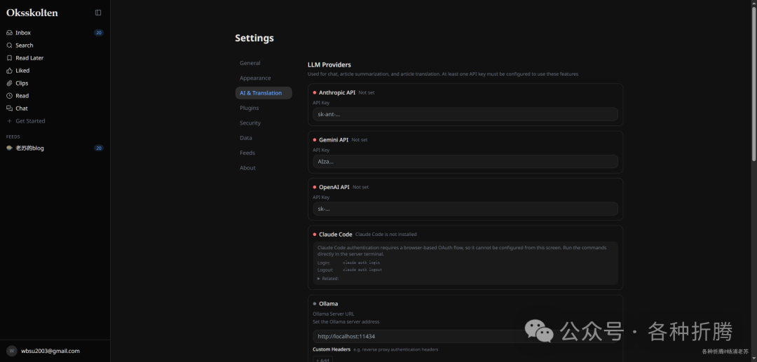 Oksskolten AI提供商设置界面