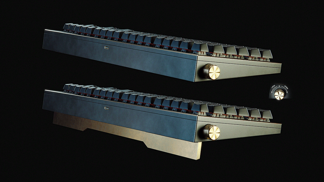 双角度机械键盘与LOW HIGH旋钮特写