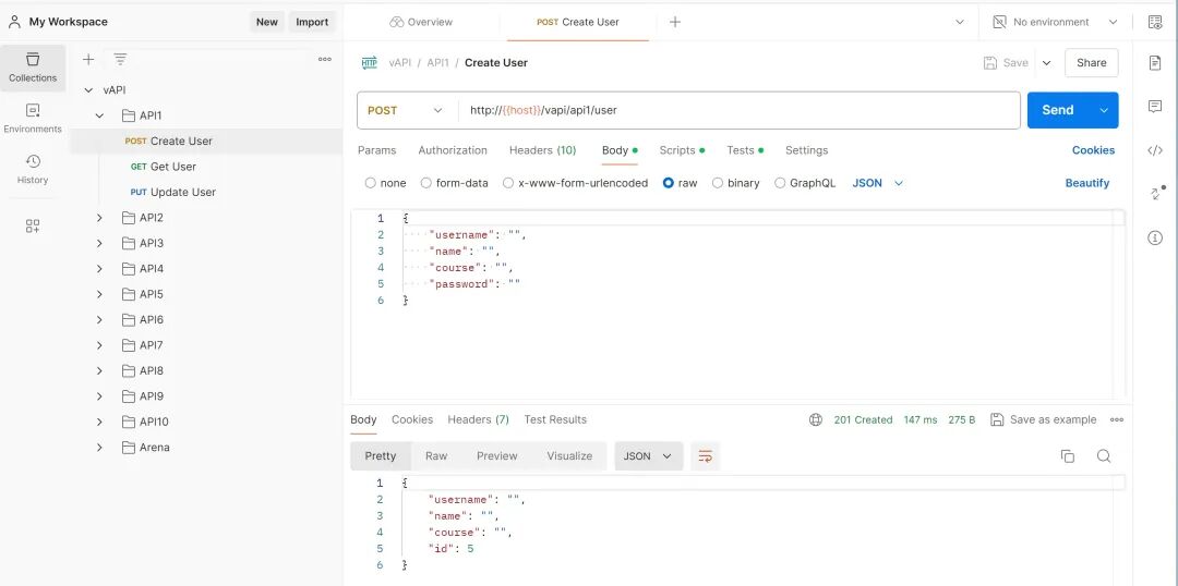 Postman请求创建用户并收到201响应