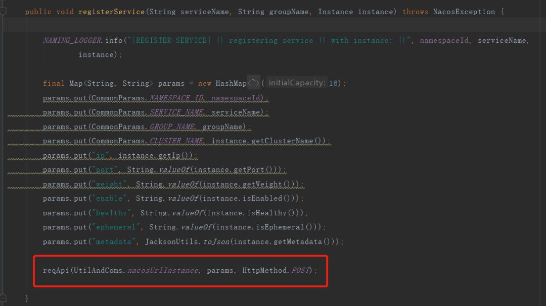 registerService 方法构建参数并调用 reqApi