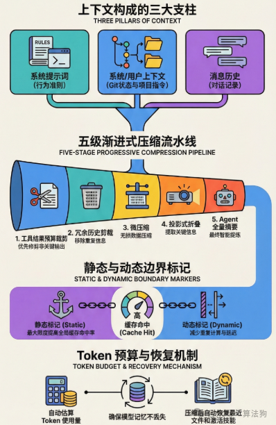 五级渐进式Prompt压缩流水线与上下文管理架构图