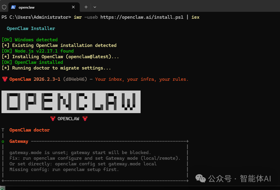 OpenClaw 在 Windows PowerShell 中的安装与配置界面
