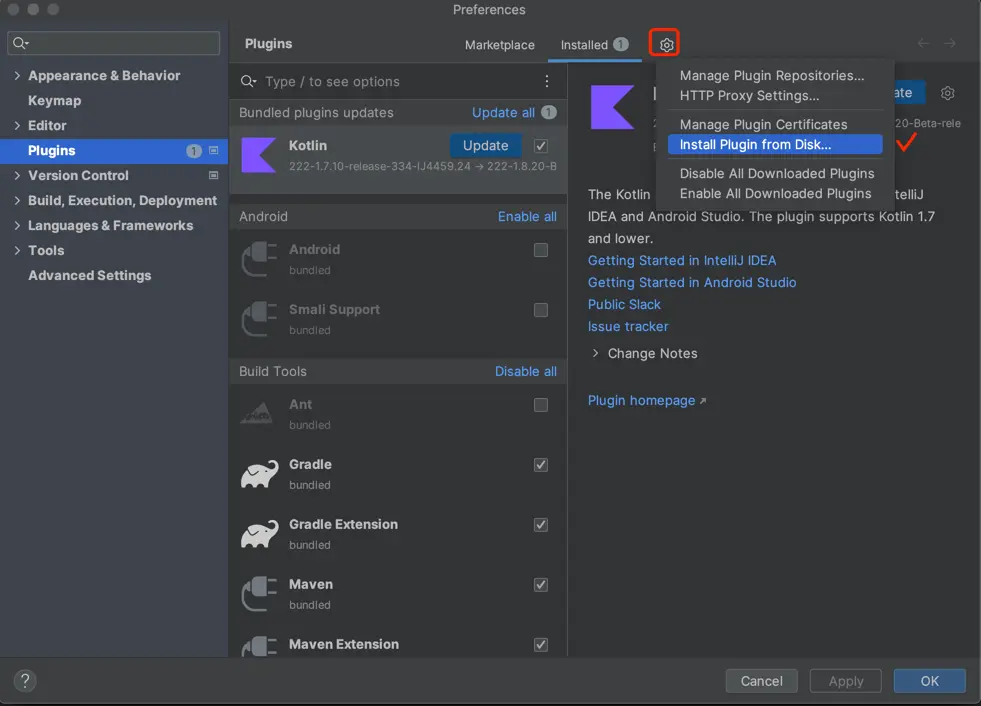 IDEA插件管理中从磁盘安装插件的界面