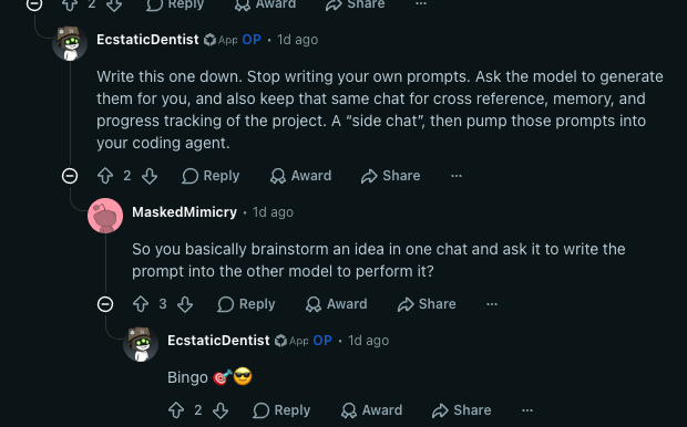 Reddit网友讨论关于让模型生成提示词并交给编程代理执行的流程截图